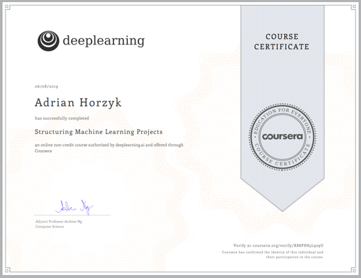 COURSERA Certificate Deep Learning Specialization Structuring Machine Learning Projects for Adrian Horzyk